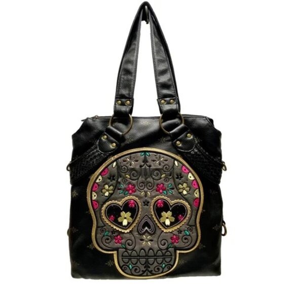 Loungefly Sugar Skull Shoulder Bag Day Of Dead Embroidered Faux Leather Rare GUC - Picture 1 of 15